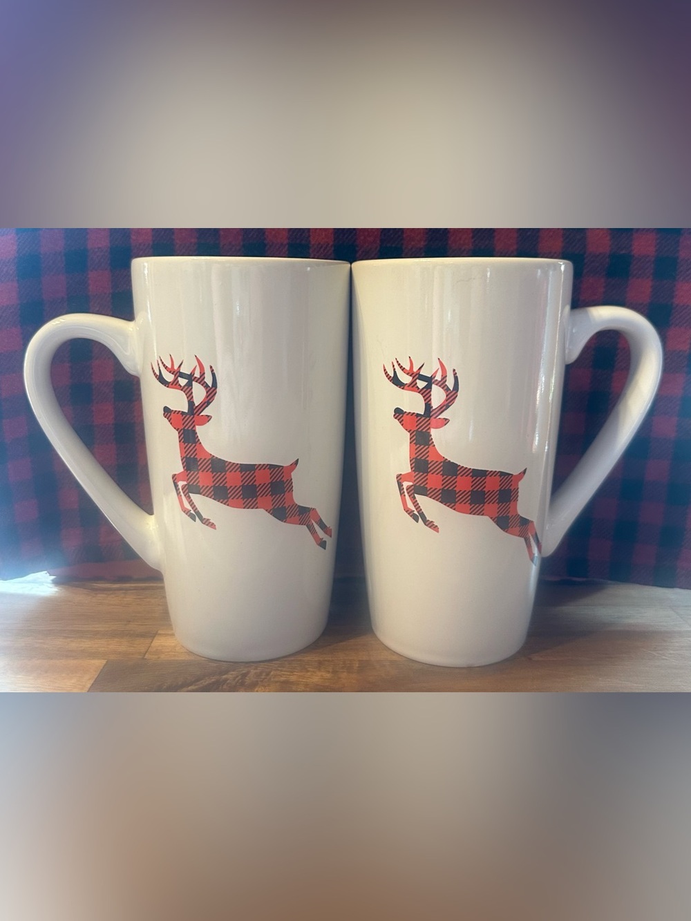 Tall White Ceramic with Red Plaid Deer Mug Set